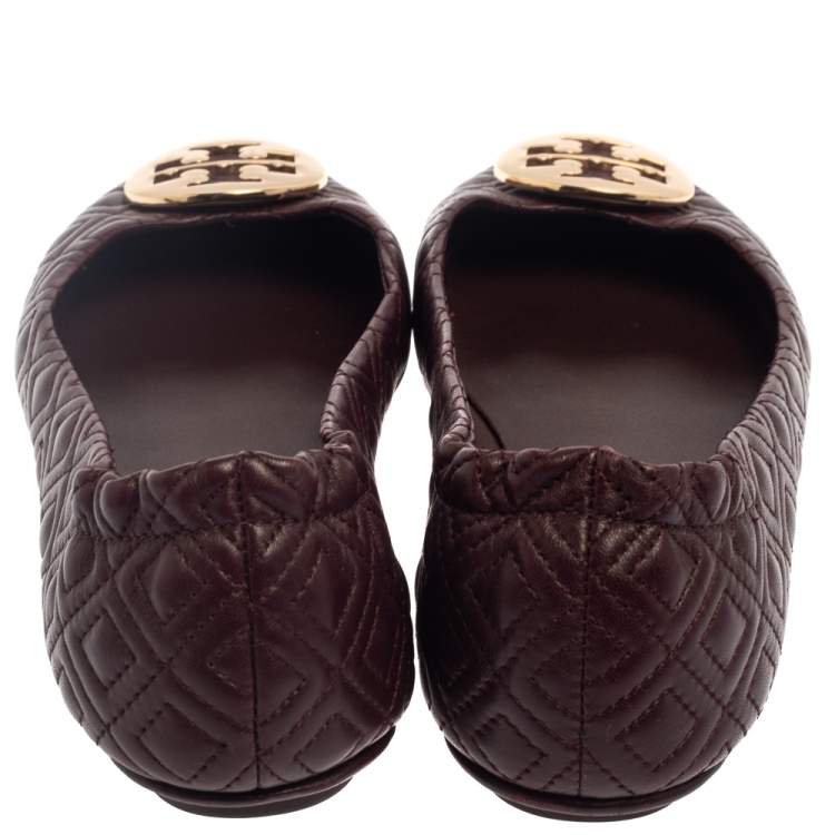 Pre Owned Tory Burch Burgundy Leather Reva Scrunch Ballet Flats Size 38.5 