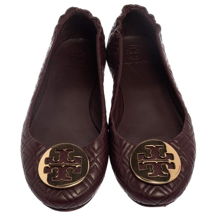 Pre Owned Tory Burch Burgundy Leather Reva Scrunch Ballet Flats Size 38.5 