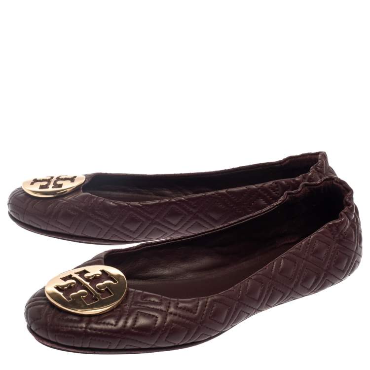 Pre Owned Tory Burch Burgundy Leather Reva Scrunch Ballet Flats Size 38.5 