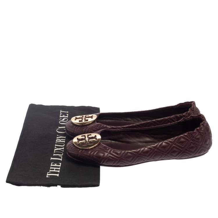 Pre Owned Tory Burch Burgundy Leather Reva Scrunch Ballet Flats Size 38.5 