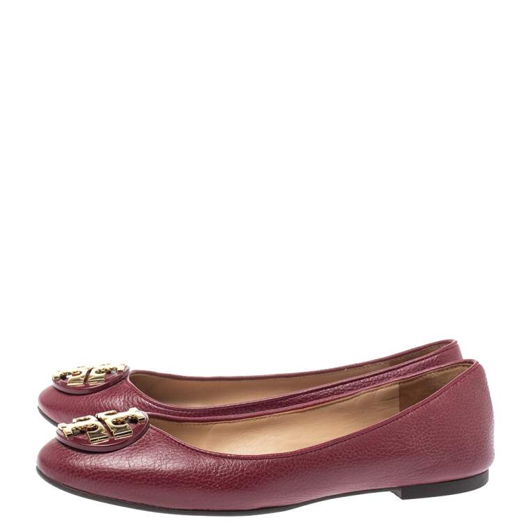 Pre Owned Tory Burch Burgundy Leather Reva Ballet Flats Size 35.5