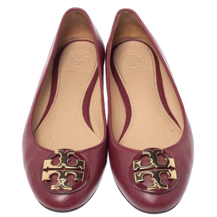 Pre Owned Tory Burch Burgundy Leather Reva Ballet Flats Size 35.5
