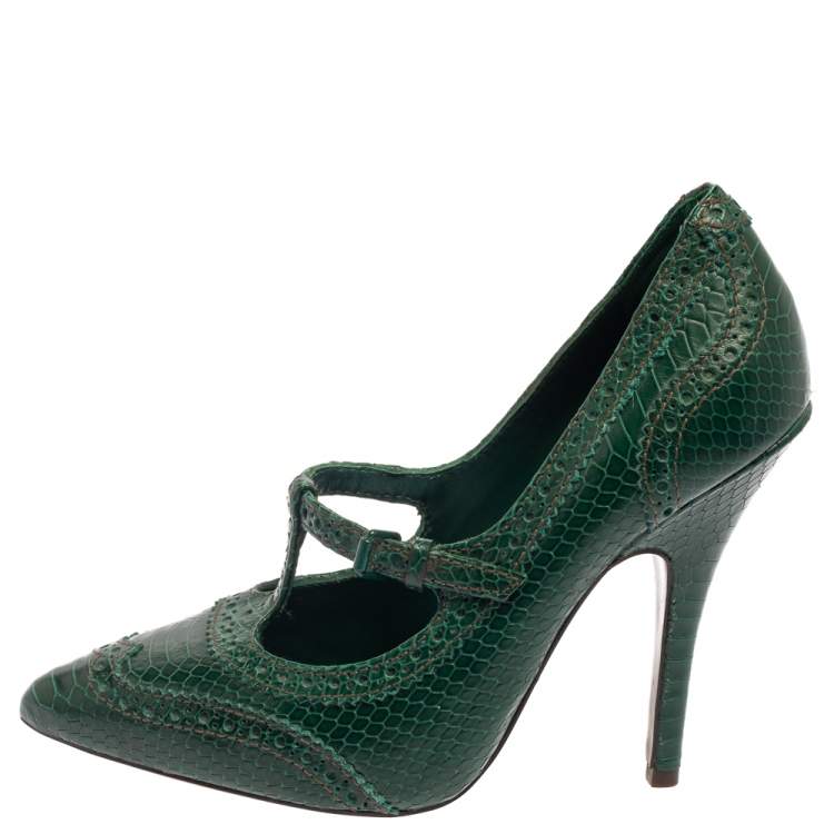 مملوكة مسبقًا Tory Burch Green Snake Embossed Leather Pumps Size 38.5