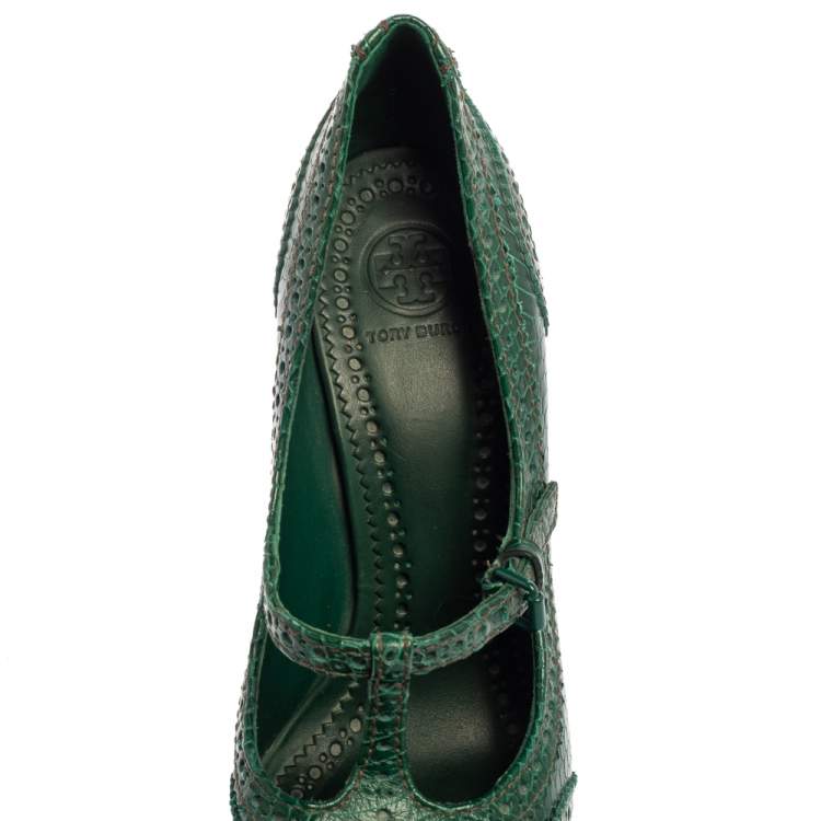 مملوكة مسبقًا Tory Burch Green Snake Embossed Leather Pumps Size 38.5