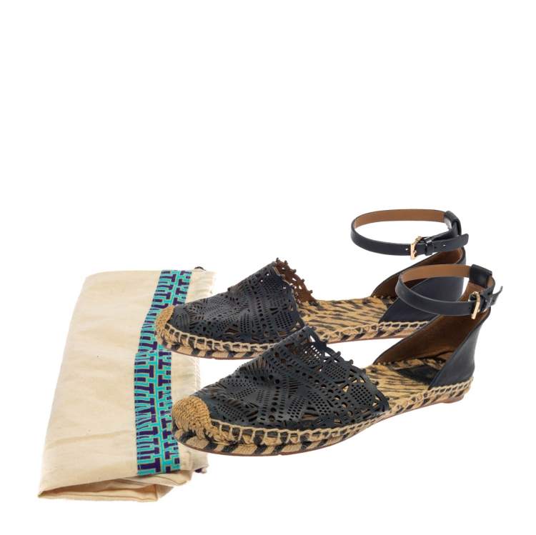 Pre Owned Tory Burch Blue Leather Ankle Strap Espadrille Size 38.5