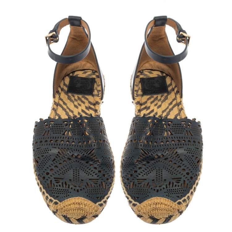 Pre Owned Tory Burch Blue Leather Ankle Strap Espadrille Size 38.5