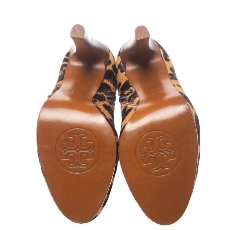 Pre Owned Tory Burch Brown Leopard Print Calf Hair Ankle Booties Size 38.5