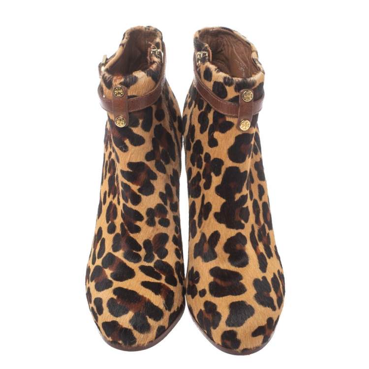 Pre Owned Tory Burch Brown Leopard Print Calf Hair Ankle Booties Size 38.5