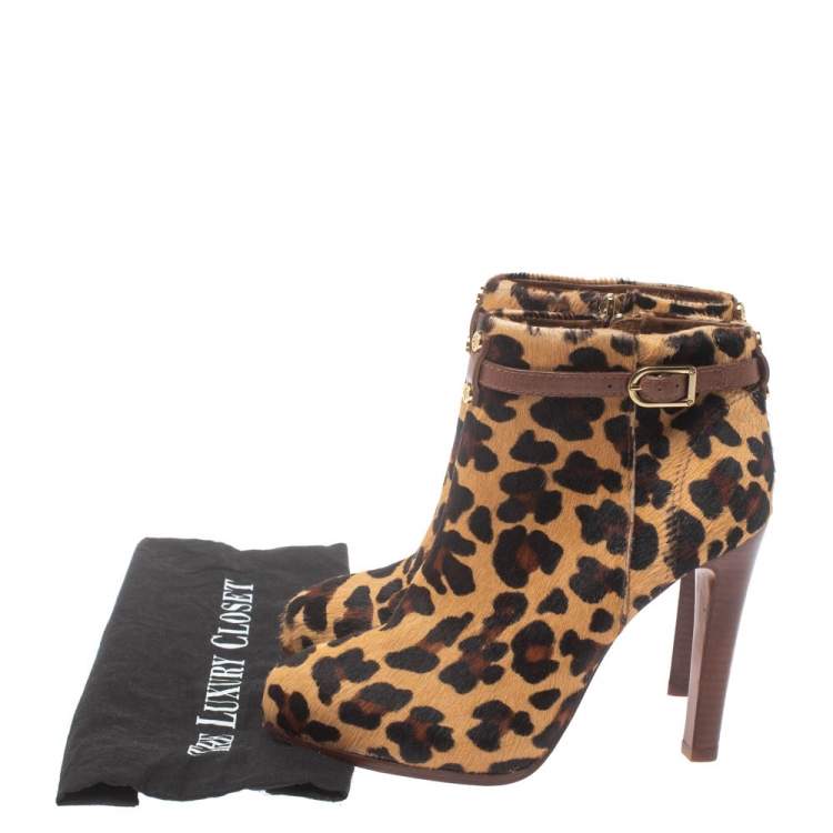 Pre Owned Tory Burch Brown Leopard Print Calf Hair Ankle Booties Size 38.5