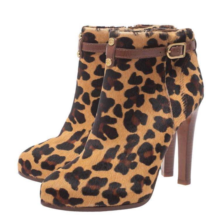 Pre Owned Tory Burch Brown Leopard Print Calf Hair Ankle Booties Size 38.5
