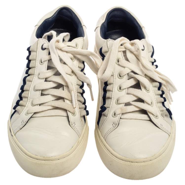 Pre Owned Tory Burch White Leather Ruffle Low Top Sneakers Size 36.5