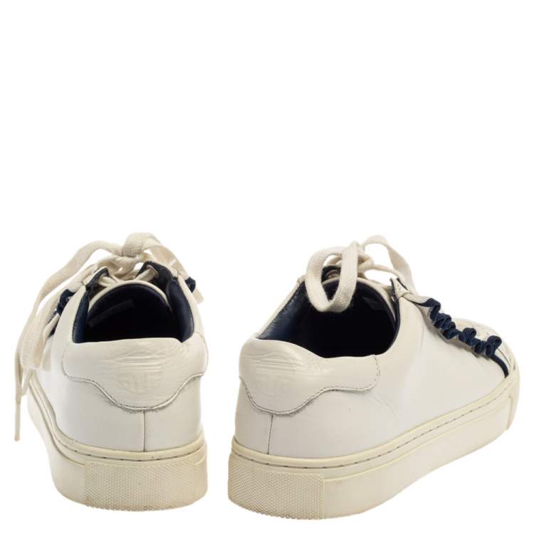Pre Owned Tory Burch White Leather Ruffle Low Top Sneakers Size 36.5