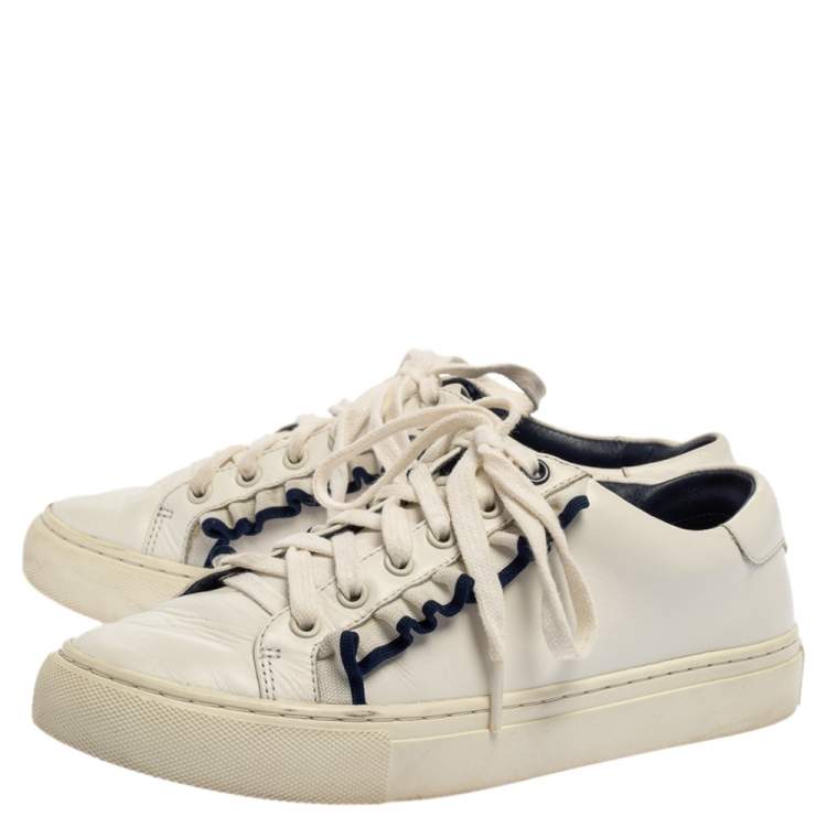 Pre Owned Tory Burch White Leather Ruffle Low Top Sneakers Size 36.5