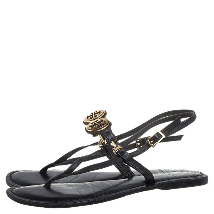 Pre Owned Tory Burch Black Leather Logo Embellished Flat Thong Slingback Sandals Size 37