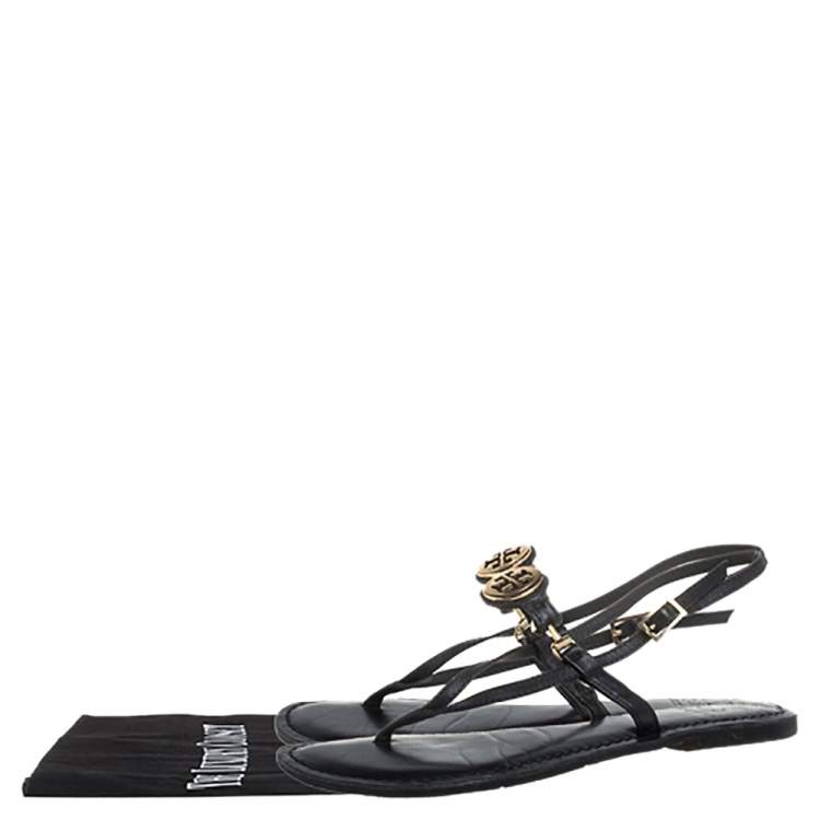 Pre Owned Tory Burch Black Leather Logo Embellished Flat Thong Slingback Sandals Size 37