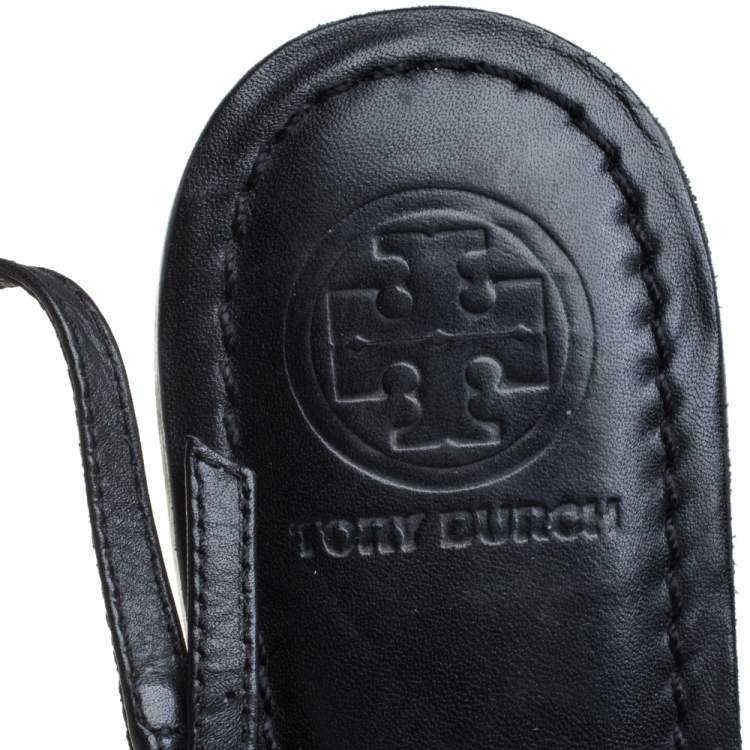 Pre Owned Tory Burch Black Leather Logo Embellished Flat Thong Slingback Sandals Size 37