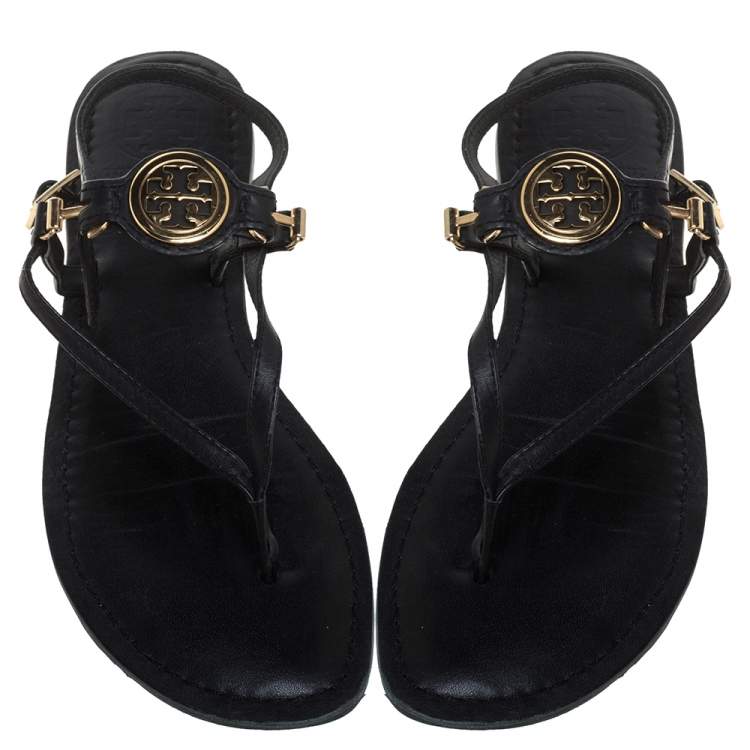 Pre Owned Tory Burch Black Leather Logo Embellished Flat Thong Slingback Sandals Size 37
