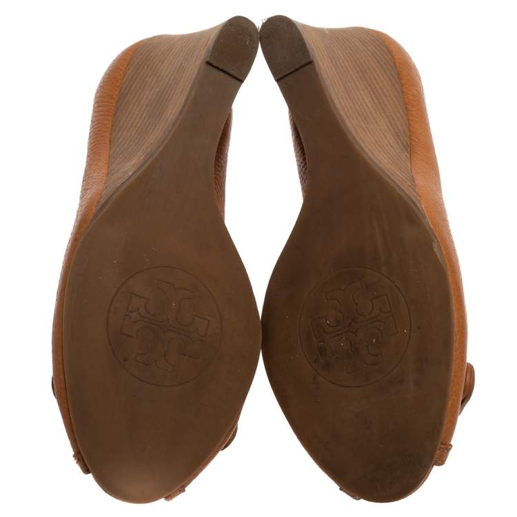 Pre Owned Tory Burch Brown Leather Julianne Peep Toe Wedge Pumps Size 37