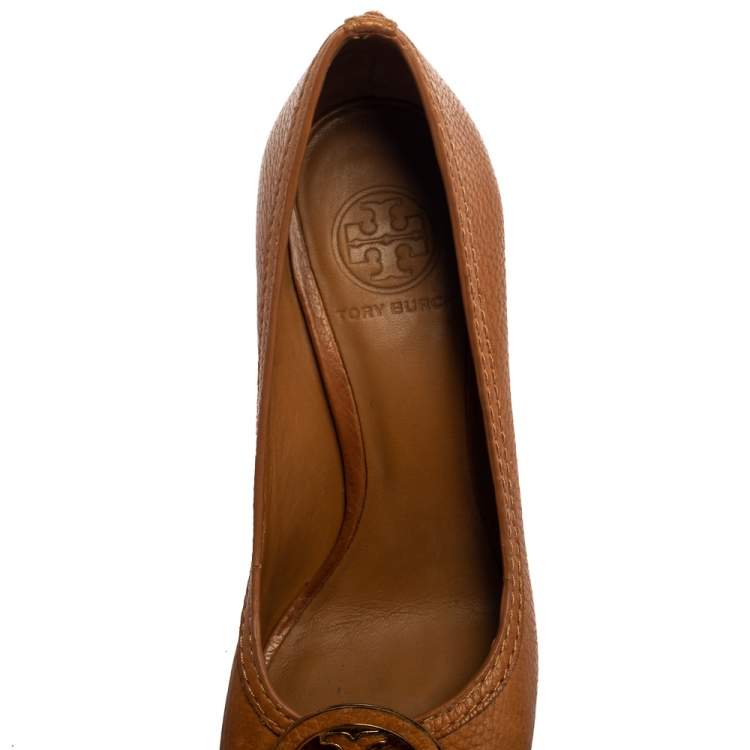 Pre Owned Tory Burch Brown Leather Julianne Peep Toe Wedge Pumps Size 37