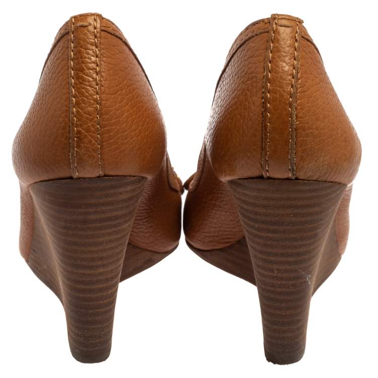 Pre Owned Tory Burch Brown Leather Julianne Peep Toe Wedge Pumps Size 37