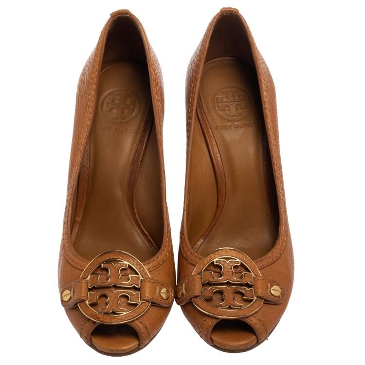 Pre Owned Tory Burch Brown Leather Julianne Peep Toe Wedge Pumps Size 37