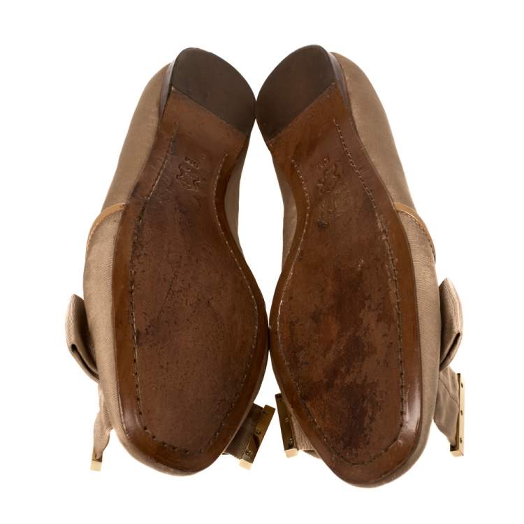 Pre Owned Tory Burch Beige Fabric Bow Ballet Flats Size 39