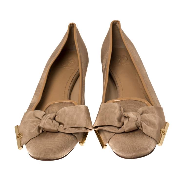 Pre Owned Tory Burch Beige Fabric Bow Ballet Flats Size 39