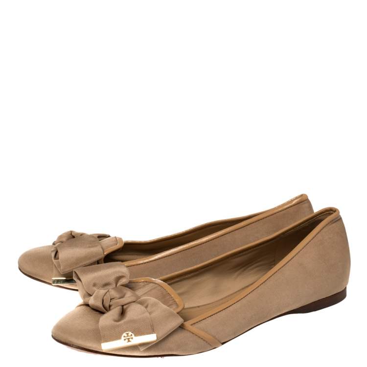 Pre Owned Tory Burch Beige Fabric Bow Ballet Flats Size 39
