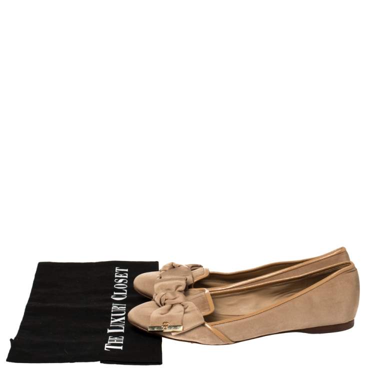 Pre Owned Tory Burch Beige Fabric Bow Ballet Flats Size 39