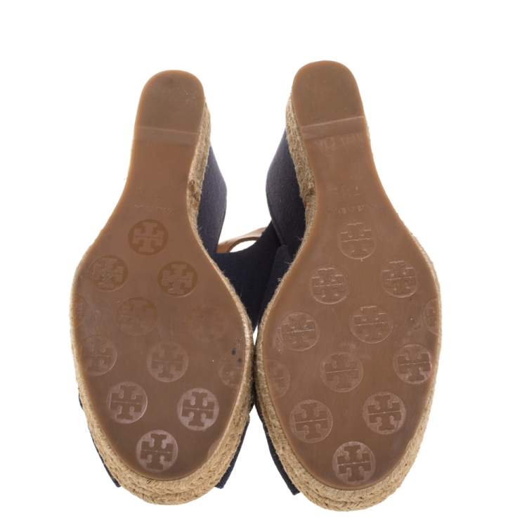 Pre Owned Tory Burch Blue/Brown Canvas And Leather Criss Cross Wedge Espadrilles Size 37.5
