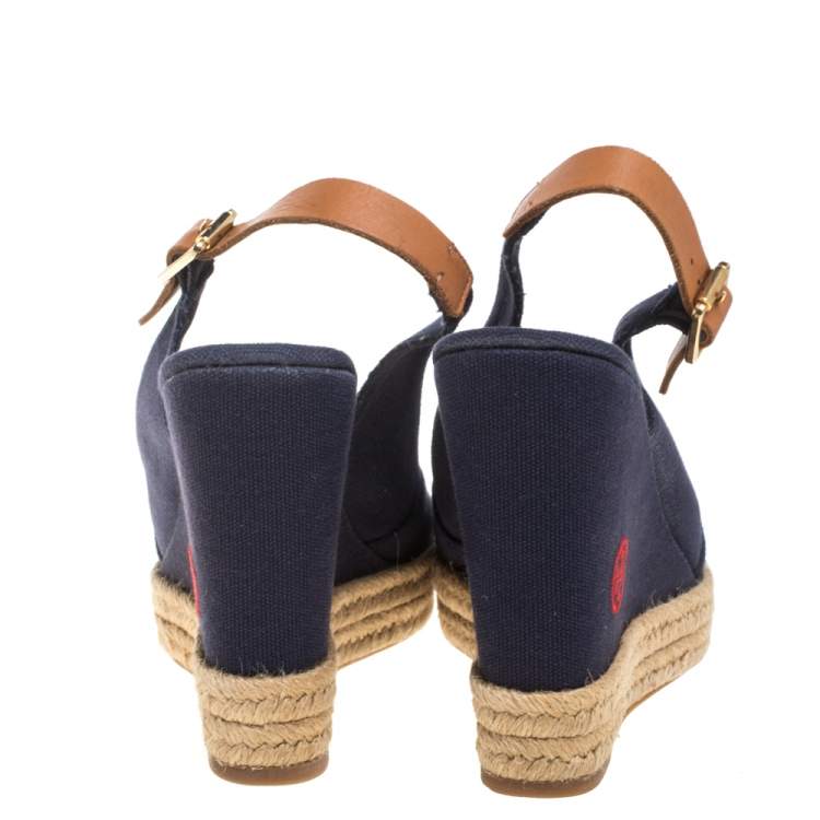Pre Owned Tory Burch Blue/Brown Canvas And Leather Criss Cross Wedge Espadrilles Size 37.5