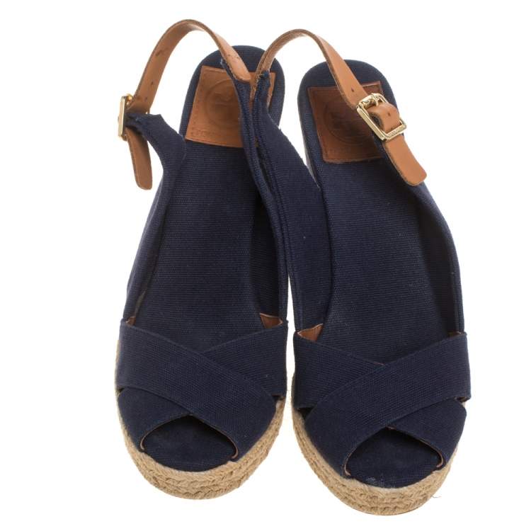 Pre Owned Tory Burch Blue/Brown Canvas And Leather Criss Cross Wedge Espadrilles Size 37.5