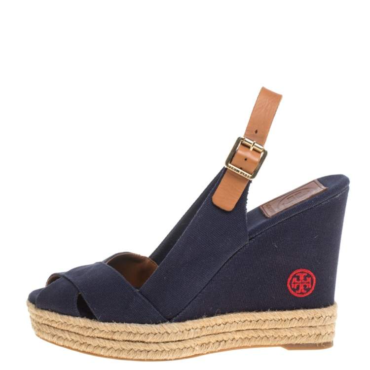 Tory Burch Blue/Brown Canvas And Leather Criss Cross Wedge Espadrilles Size   Tory Burch | TLC