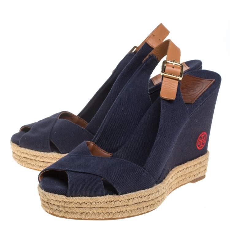 Pre Owned Tory Burch Blue/Brown Canvas And Leather Criss Cross Wedge Espadrilles Size 37.5