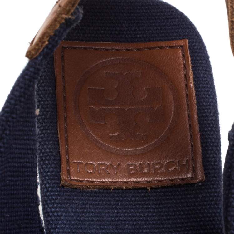 Pre Owned Tory Burch Blue/Brown Canvas And Leather Criss Cross Wedge Espadrilles Size 37.5