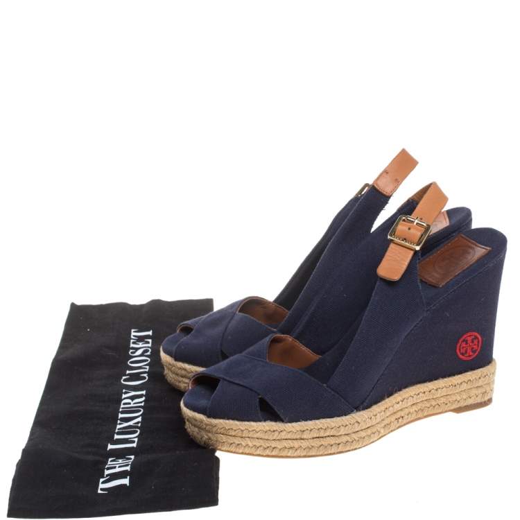Pre Owned Tory Burch Blue/Brown Canvas And Leather Criss Cross Wedge Espadrilles Size 37.5