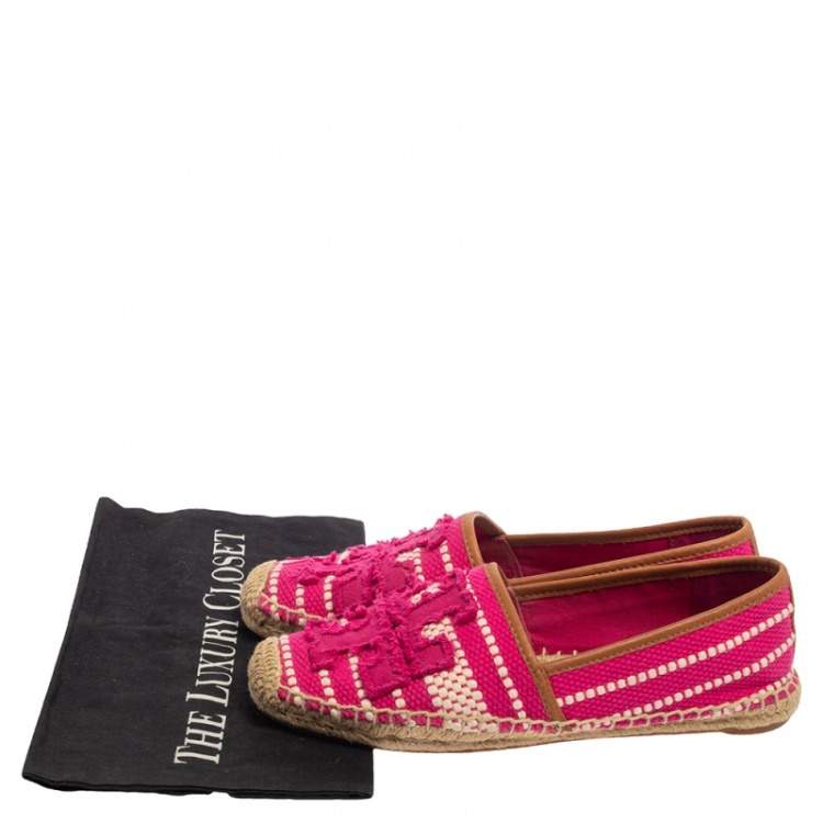 Pre Owned Tory Burch Pink/White Canvas And Leather Espadrille Size 38