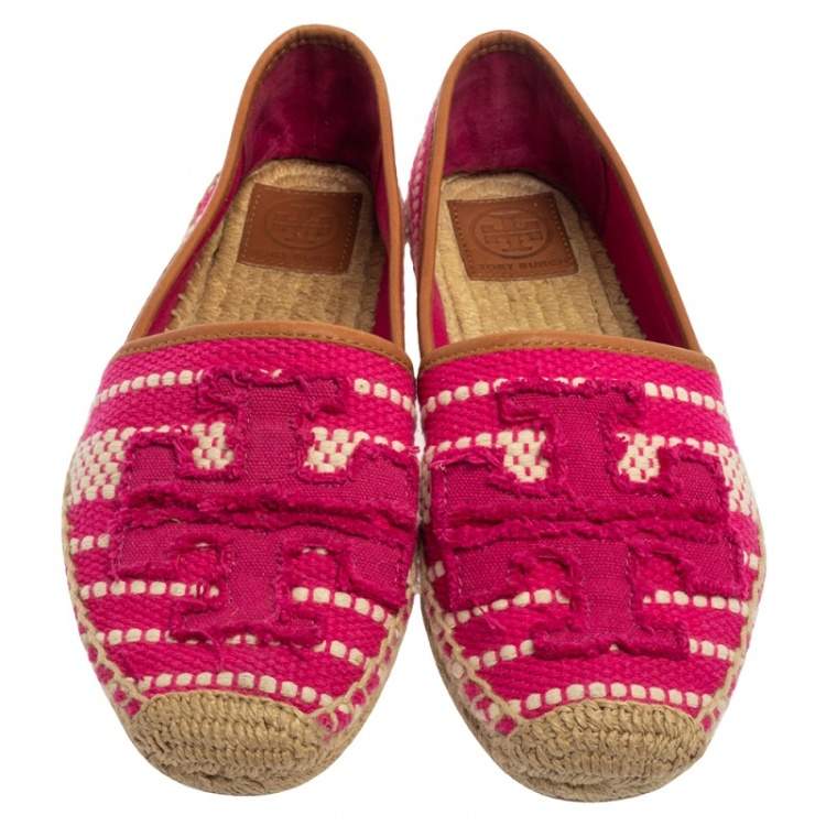 Pre Owned Tory Burch Pink/White Canvas And Leather Espadrille Size 38