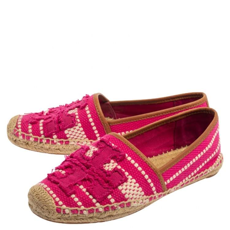 Pre Owned Tory Burch Pink/White Canvas And Leather Espadrille Size 38