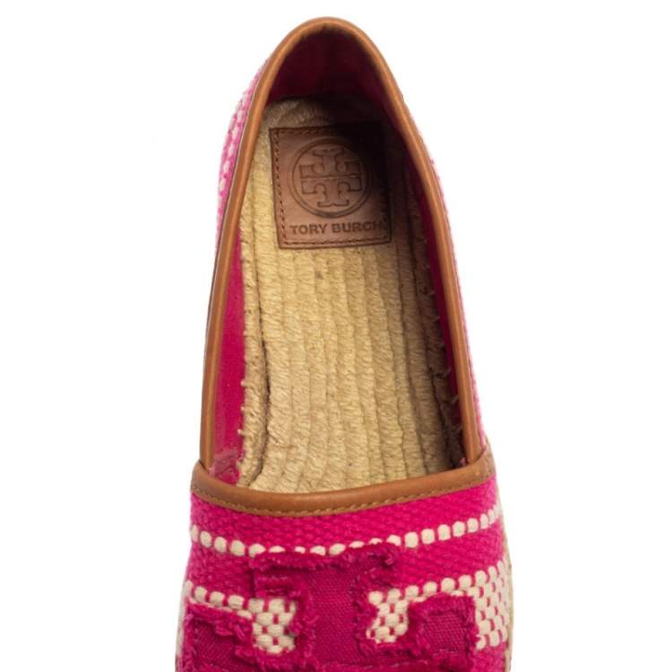 Pre Owned Tory Burch Pink/White Canvas And Leather Espadrille Size 38