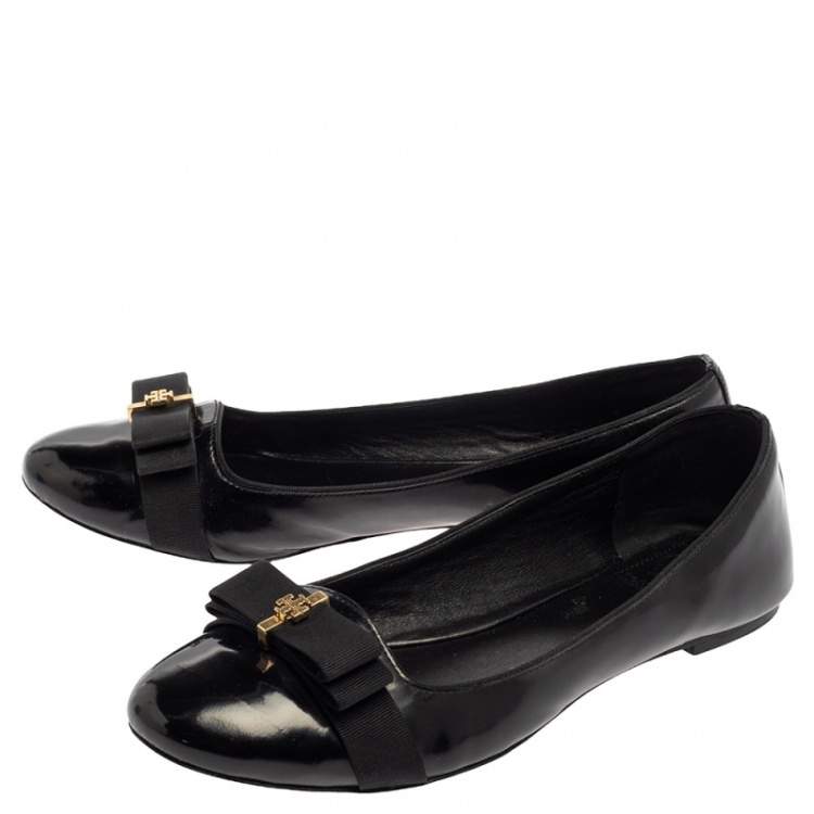 Pre Owned Tory Burch Black Patent Leather Trudy Bow Ballet Flats Size 39.5