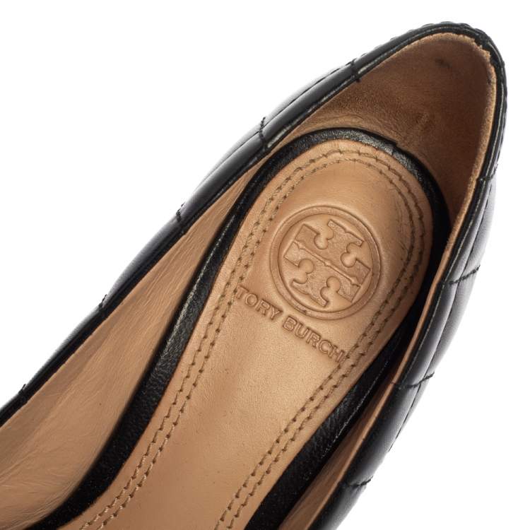 Pre Owned Tory Burch Black Quilted Leather Wedge Pumps Size 36.5