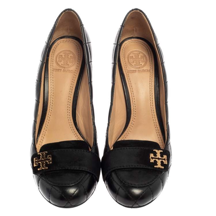 Pre Owned Tory Burch Black Quilted Leather Wedge Pumps Size 36.5