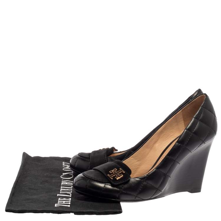 Pre Owned Tory Burch Black Quilted Leather Wedge Pumps Size 36.5