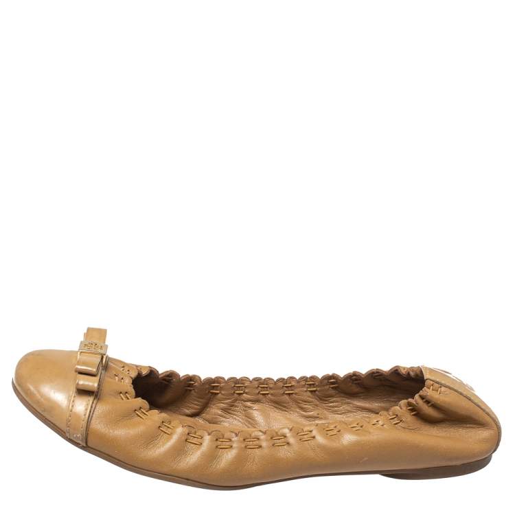 Pre Owned Tory Burch Beige Leather Romy Ballet Flats Size 38