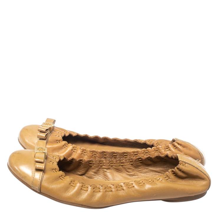 Pre Owned Tory Burch Beige Leather Romy Ballet Flats Size 38