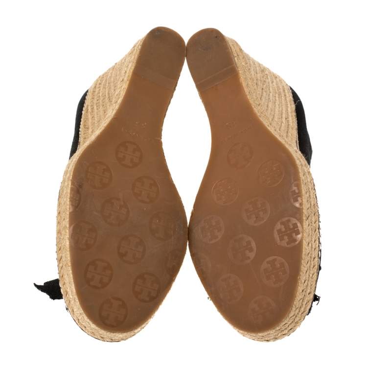 Pre Owned Tory Burch Black Canvas Jackie Bow Espadrille Wedge Pumps Size 38