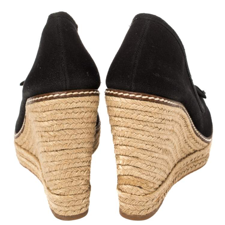 Pre Owned Tory Burch Black Canvas Jackie Bow Espadrille Wedge Pumps Size 38
