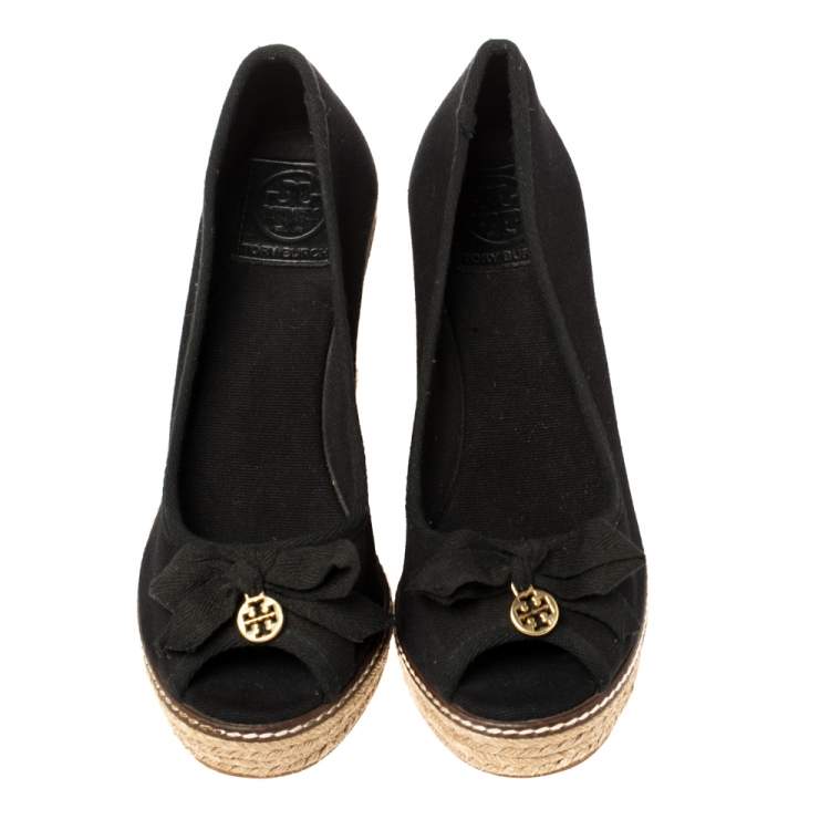 Pre Owned Tory Burch Black Canvas Jackie Bow Espadrille Wedge Pumps Size 38