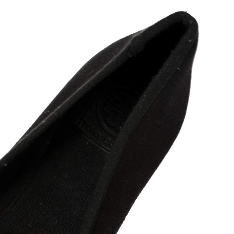 Pre Owned Tory Burch Black Canvas Jackie Bow Espadrille Wedge Pumps Size 38